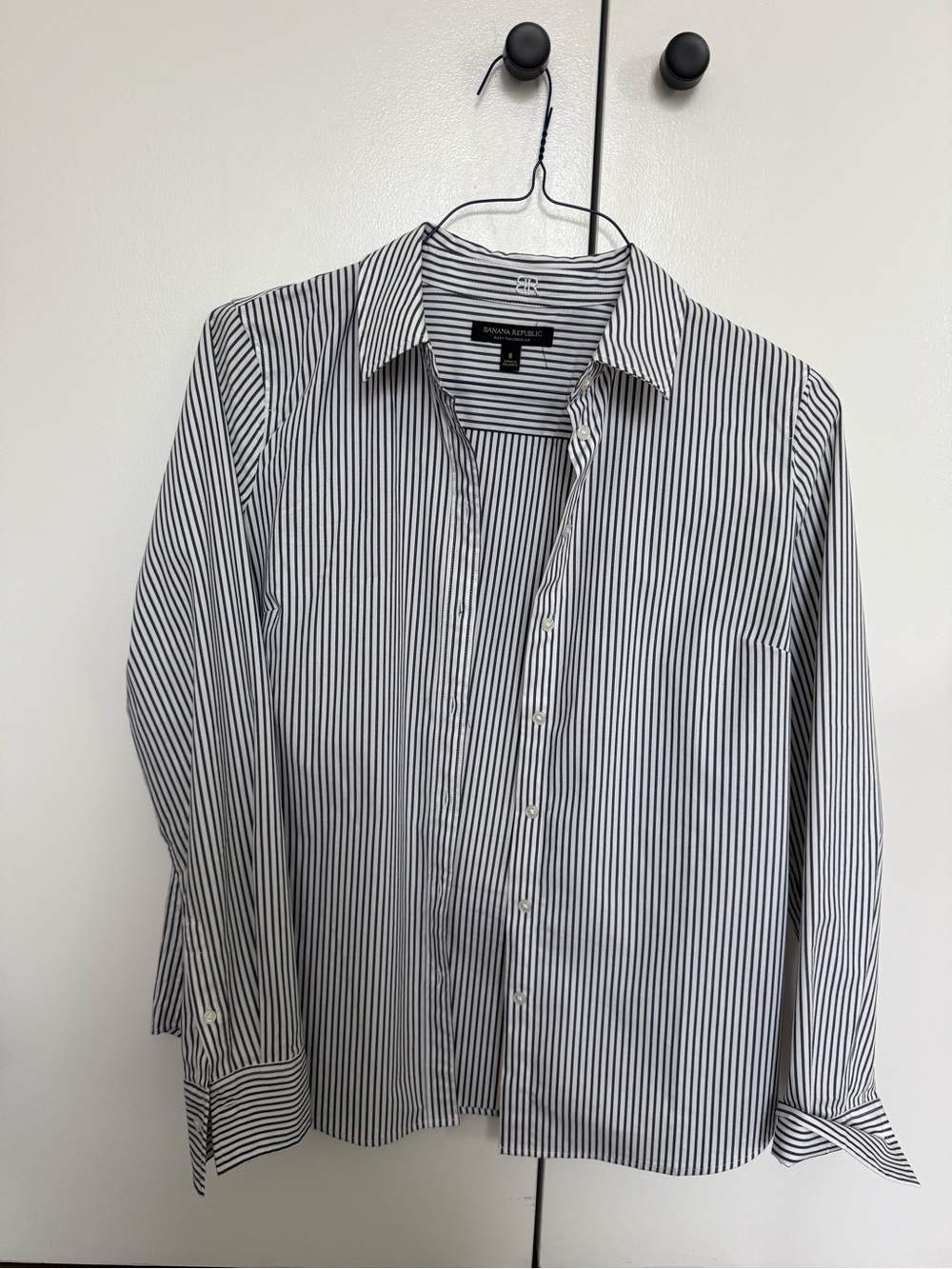 Banana Republic Women’s Navy and White Vertical Stripe Dress Shirt